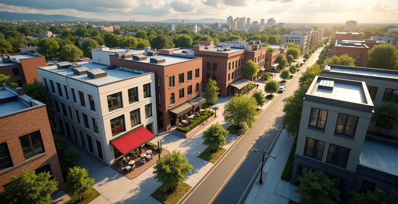 Vue aérienne artistique d'un quartier dynamique montrant l'évolution urbaine et les opportunités immobilières