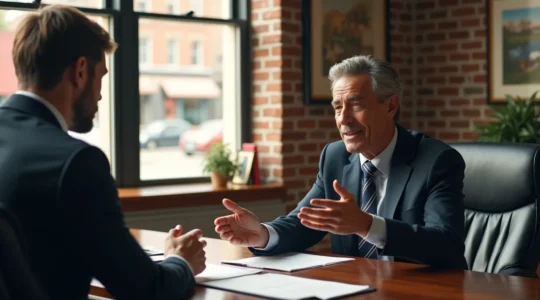 Vue d'un bureau de courtier local avec un professionnel expérimenté recevant un client dans un cadre chaleureux et confidentiel