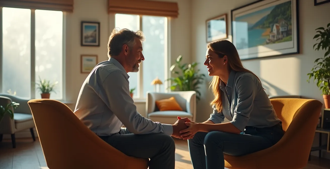 Rencontre chaleureuse entre un courtier local et ses clients dans un environnement professionnel mais détendu