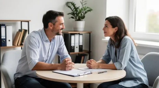 Couple trentenaire discutant financement immobilier avec courtière dans bureau lumineux à Bordeaux