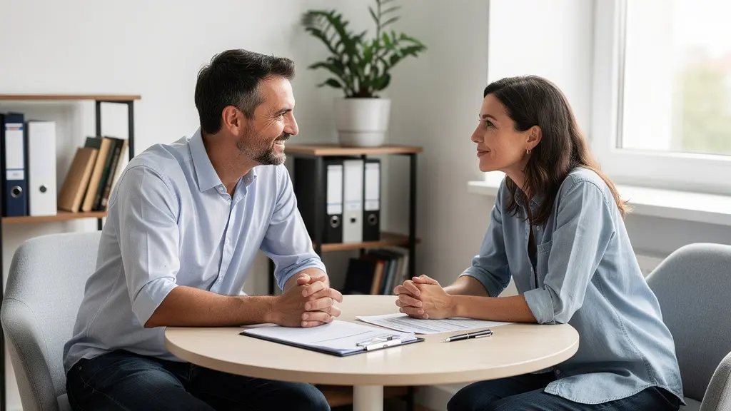 Couple trentenaire discutant financement immobilier avec courtière dans bureau lumineux à Bordeaux