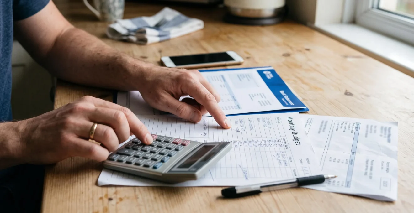 Des mains utilisent une calculatrice pour évaluer un taux d'endettement à partir de bulletins de salaire et d'un budget mensuel.