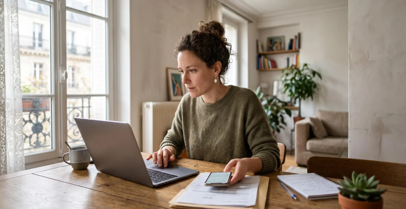 Une personne remplit une demande d'accord de principe de crédit immobilier sur son ordinateur portable, à la table de son salon.
