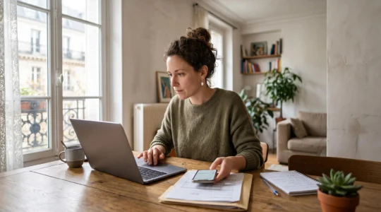 Une personne remplit une demande d'accord de principe de crédit immobilier sur son ordinateur portable, à la table de son salon.