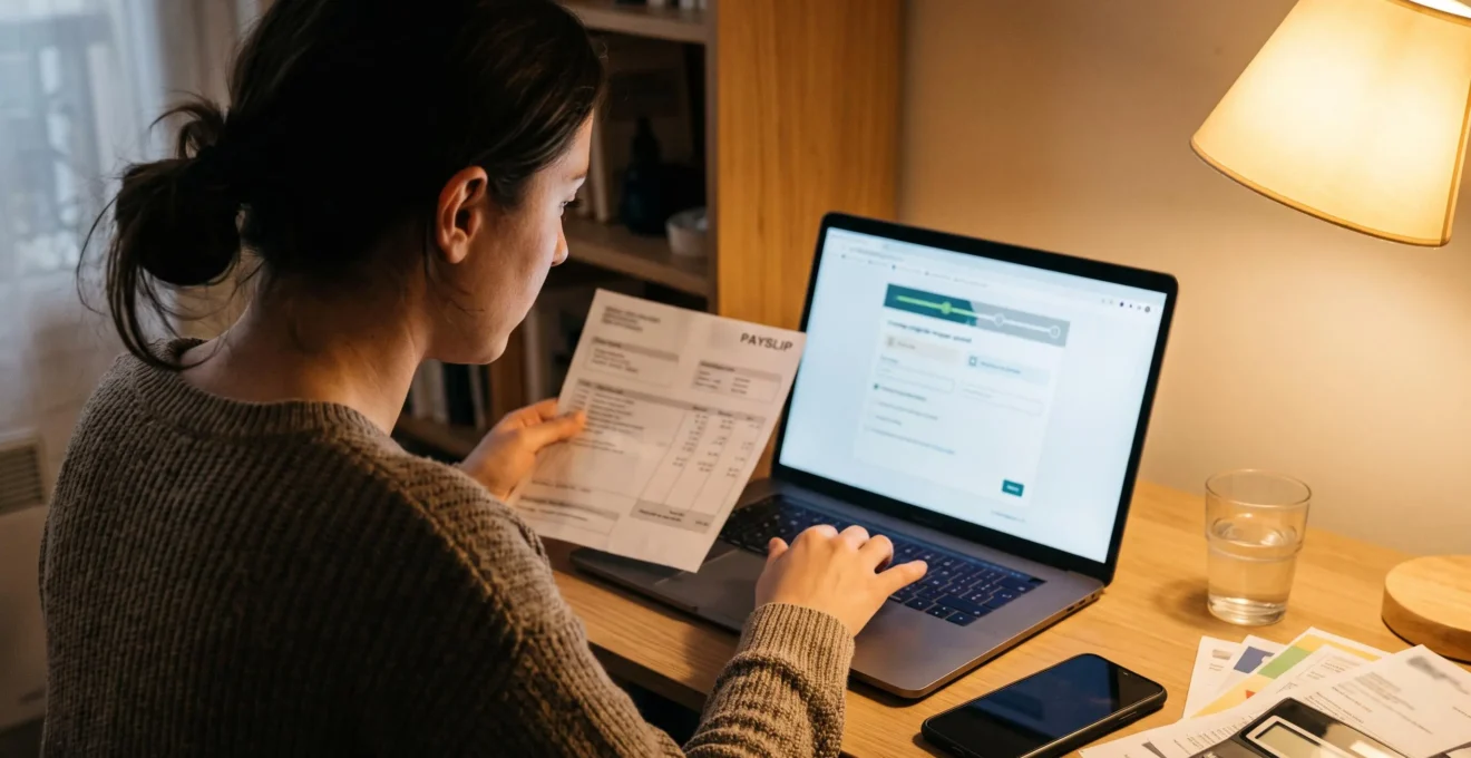 Une personne suit les étapes d'une demande de prêt immobilier en ligne sur son ordinateur, un bulletin de salaire en main.